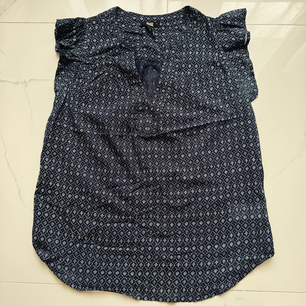 PAIGE Navy Diamond-Print Flutter Sleeve Top